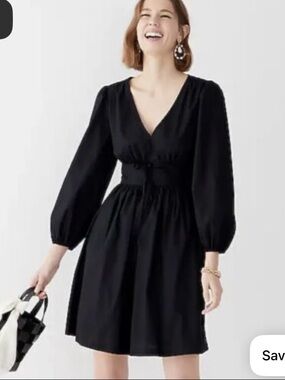 J.Crew Black V Neck Long Puff Sleeve Pleated Bows Gretchen Dress Sz 24